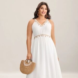 White/Beige Grecian inspired V-neck Embellished Midi Dress, NWT, 14-16